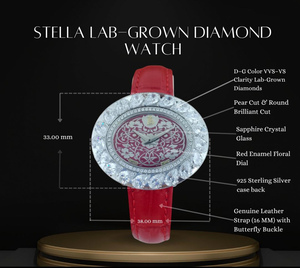 Reloj de Diamantes con Esfera Roja para Mujer |   Reloj con Diamantes Cultivados en Laboratorio |   Reloj de Lujo con Brillantes de Plata de Ley, Regalo - Product Image 5