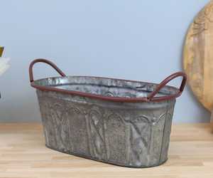 Rustic Galvanized Metal Planter Oval <b>Container</b> With Red Handles For Flower Green Plant Desktop Use Durable Vintage Style - Product Image 1