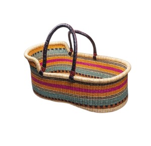 Traditional multicolored striped weave dark handle seagrass <b>changing</b> <b>basket</b> working as versatile rattan <b>changing</b> kid <b>basket</b> - Product Image 1