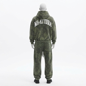 <b>Men</b> Olive <b>Green</b> Botanical Print Zip Up Hoodie <b>Tracksuit</b> Set Loose Fit Streetwear Custom OEM ODM Wholesale - Product Image 4