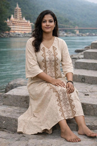 Women Handloom Khadi Cotton Kurta with Traditional Brown Geometric Embroidery Work Casual Elegant V-Neck Ethnic Tunic Dress - Product Image 2