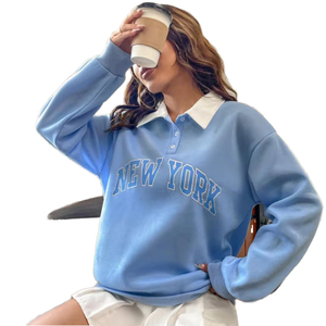เสื้อสเวตเชิ้ตแขนยาวสไตล์พรีปปี้พิมพ์ลายตัวอักษรนิวยอร์กสีน้ำเงินสำหรับผู้หญิง คอปกติดกระดุม เสื้อลำลองสำหรับฤดูใบไม้ร่วง - Product Image 1