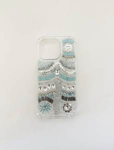 Funda Protectora Trasera para Teléfono Celular, Transparente, de TPU, con Cuentas de Vidrio Azul Turquesa y Diamantes de Imitación, Hecha a Mano - Product Image 1