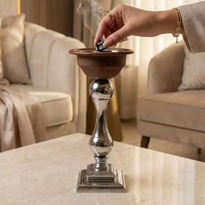 <b>Silver</b> Metal Tall Incense <b>Burner</b> Featuring Dark Wooden Bowl Upper Section Accent Ideal For Modern Traditional Arabic Decoration - Product Image 1