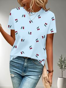 T-shirt en coton 100% respirant à séchage rapide pour femme, imprimé cerises, col rond, manches courtes, coupe ample, décontracté, printemps-été - Product Image 5