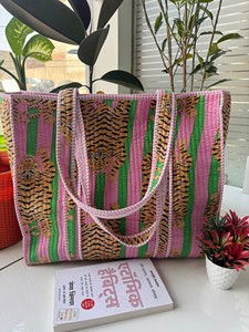 Cotton Quilted Floral Long Handle Tote <b>Bag</b> Indian Handmade Summer Women Open Arming <b>Shoulder</b> <b>Strap</b> Washable Travel Use - Product Image 1