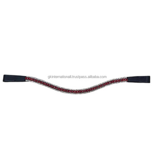 Bandeau de tête pour cheval en cuir véritable noir 100% authentique, design incurvé tendance, avec 3 rangées de cristaux, perles et strass décoratifs. - Product Image 2