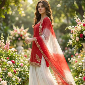 Ensemble Kurta Palazzo en crêpe français naturel de qualité supérieure avec broderie de sequins et dupatta en organza à imprimé numérique - Product Image 1