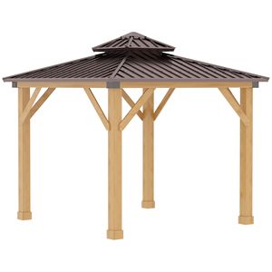 Gazebo con Tetto Rigido 3x3 Metri, Struttura in Legno Massello e Tetto a Doppio Livello in Acciaio per Villa, Cortile, Parco, Colore Marrone - Product Image 1