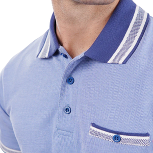 Chemise Homme Bleue en Coton Tricoté avec Col Contrastant et Poche, Manches Courtes Élégantes, Respirante, Décontractée, Couleur Unie pour le Haut - Product Image 6