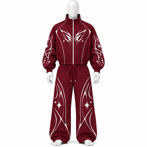 Conjunto de chándal personalizado oversize con paneles de ondas azules, estilo moderno, chaqueta cortavientos con capucha y pantalones de pierna ancha para ropa deportiva unisex - Product Image 6