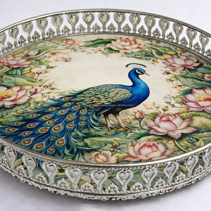 Plateau allemand en argent pichwai, motif paon, ensemble cadeau - Product Image 1