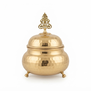 Bold Blossom Modern Luxury Hammered Brass Lidded <b>Sugar</b> <b>Bowl</b> & Creamer Pot with Ornate Finial 3 Feet Glossy Round Durable - Product Image 6