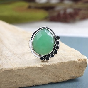Natural Chrysoprase & Black Onyx <b>Statement</b> <b>Ring</b> 925 Sterling <b>Silver</b> Vintage Green Gemstone Boho Chunky <b>Ring</b> - Product Image 3