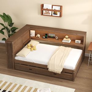 Divano letto antico in legno a grandezza naturale con ripiani portaoggetti, ricarica USB e luci LED, con letto estraibile - Product Image 2