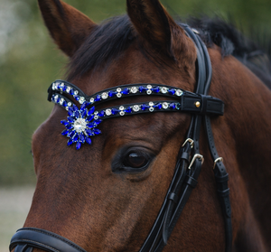Diadema de Cuero Negro de Doble Fila de Primera Calidad con Centro de Cristal Azul Zafiro para Brida de Caballo - Product Image 1