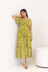 Vestido Midi Floral Amarillo de Gasa con Cuello Cuadrado y Mangas con Volantes, Estilo Boho, Ropa Casual de Verano, Estampado Floral Verde - Product Image 2