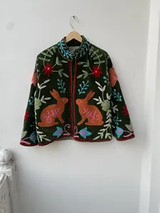 Bohemian Luxury Handmade Woodland Inspired <b>Velvet</b> <b>Jacket</b> with Floral Embroidery and Rabbit Artwork Full Sleeve Women's <b>Jacket</b> - Product Image 1