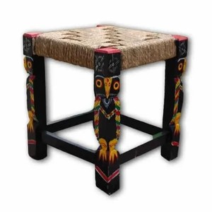 Handcrafted Wooden Jute Stool with Folk Art Design - Wholesale from India - Product Image 1