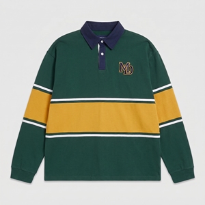Polo en coton pour homme, coupe carrée, à manches longues, tricoté épais, style rugby court, avec broderie personnalisée et strass rayés - Product Image 4