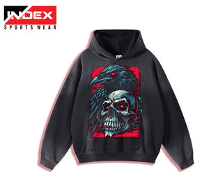 Sweat-shirt à capuche noir pour homme INDEX SPORTSWEAR, coupe oversize, imprimé crâne et corbeau, style streetwear, vêtement d'automne, en molleton bouclette, coupe classique - Product Image 1