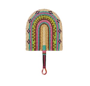 Natural fiber woven handheld <b>fan</b> featuring <b>pink</b> lime green brown and teal arched patterns eco friendly cooling accessory for - Product Image 1