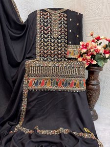 Ensemble Salwar traditionnel noir brodé avec dupatta, coupe ample longue jusqu'au sol, tenue indienne et pakistanaise pour femme - Product Image 3