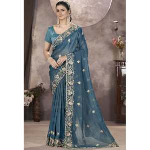 Sari de diseñador para mujer con Bordado de hilo y trabajo de secuencia - Product Image 5