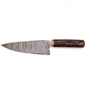 Couteau de cuisine artisanal en acier Damas avec manche octogonal en bois foncé et collier en laiton - Product Image 4