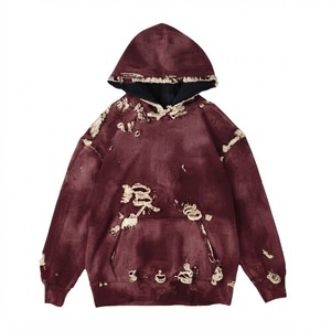 Sweat-shirt à capuche unisexe oversize bordeaux en molleton 100% coton, effet vieilli et délavé, color block, coupe ample, avec poche, pour l'automne - Product Image 1