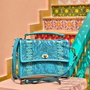 Hot Selling Vintage Fashion Western Handmade Geometric Genuine Leather Crossbody Purse Two Straps Compact Women <b>Water</b> Resistant - Product Image 2