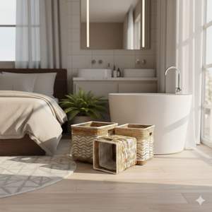 Ensemble de 3 paniers carrés motif vague en écorce de bananier, artisanat en plastique recyclé - Product Image 4