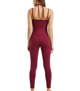 ชุดเสื้อครอปและเลกกิ้งสีเบอร์กันดีสำหรับผู้หญิง ชุดบอดี้สูทเอวสูงคอวีแขนกุด ชุดจั๊มสูทออกกำลังกาย ชุดลำลองสำหรับออกกำลังกาย - Product Image 2