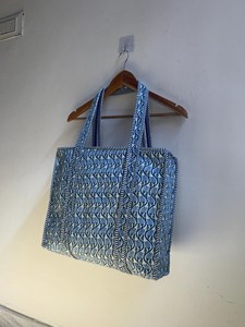 Bolso de mano bohemio de lona con estampado de hojas azules, bolso grande de hombro abierto para mujer, para compras - Product Image 2