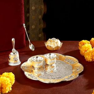 Elegante Juego de Thali de Metal con Tazón, Campana, Cuchara, Porta Incienso, Caja Roja, Uso Religioso, Duradero - Product Image 2