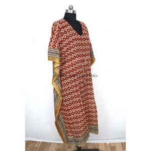 Caftán indio Bagru de algodón estampado de manga corta con diseño de borde, vestido largo de cintura natural, lavable y ecológico para mujer. - Product Image 5
