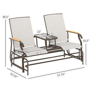 2-Person Outdoor Cream White Glider <b>Bench</b> Steel Frame Loveseat Swing <b>Chair</b> with <b>Table</b> for Courtyard & Garden Use - Product Image 3