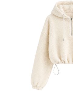 Custom Textured Fleece Cropped Hoodie Quarter Zip Adjustable Drawstring Hem Casual Streetwear Warm <b>Pullover</b> <b>Men</b> Custom Logo - Product Image 2