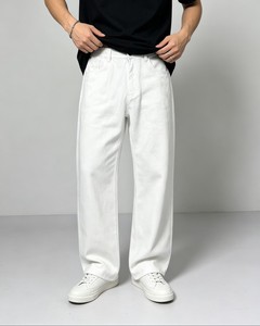 Men's <b>White</b> Cotton Casual Pants Wide Leg Straight Fit Mid Waist Drawstring Closure Lightweight Oxford Fabric Summer Wear - Product Image 1