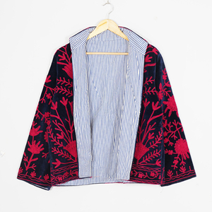เสื้อเบลเซอร์ผ้ากำมะหยี่สีน้ำเงิน ปักลายดอกไม้  แบบถัก  รีไซเคิล  สองด้านใส่ได้  ทรงปกติ  คอทรงโอ  แขนปกติ  ลายดอกไม้  สำหรับฤดูใบไม้ร่วงและฤดูหนาว - Product Image 2