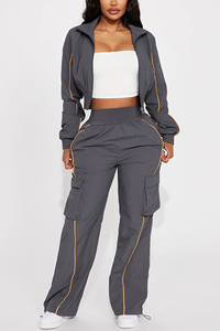 Pantalon cargo en nylon, crop top, veste coupe-vent pour femme, finitions contrastées orange, combinaison en nylon imperméable - Product Image 2