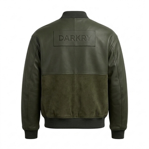 Olive Green <b>Mens</b> Genuine Leather Bomber <b>Jacket</b> <b>Suede</b> Panel Custom Branded Patch Zip Pocket Flight Coat Direct Factory Supplier - Product Image 2