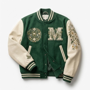<b>Mens</b> Green <b>Cream</b> Leather Sleeve <b>Jacket</b> Floral Embroidery Custom Bomber Streetwear Snap Button Premium Outerwear Pro - Product Image 3