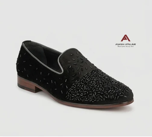 Mocasines de Cuero Genuino Bordados en Negro de la Marca Premium Asken Atelier para Hombre, Zapatos de Vestir con Punta en Pico, Elegantes para Bodas y Fiestas - Product Image 5
