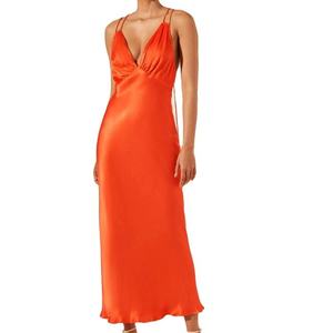 Women's Elegant Sheath Satin Silk Maxi Gown Delicate <b>Spaghetti</b> Straps V-neck Backless Design Criss-cross Decoration Breathable - Product Image 1
