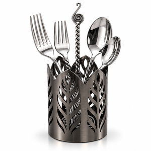 Gold Cutlery Holder with Silverware Set with Different Type of Finish, Wheat Pattern <b>Metal</b> Utensil Organizer - Product Image 3