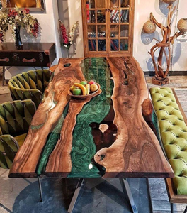 Table basse Angel faite à la main, multicolore, en bois véritable avec bord naturel, design floral en résine transparente, revêtement en époxy transparent artisanal - Product Image 4