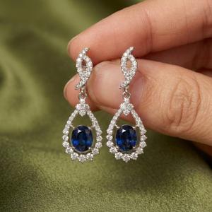 Boucles d'oreilles pendantes en saphir en or blanc massif 18 carats de haute qualité, fabriquées en Chine, pour femmes, pour mariage - Product Image 3