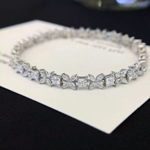 925 Silver Moissanite Bracelet Alternating Floral Princess Design Sparkling Wedding <b>Gift</b> for Women - Product Image 1