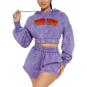 Conjuntos de Sudadera con Capucha y Pantalones Cortos de Felpa 100% Algodón con Puños Acanalados Personalizados, Bordados, Lisos, para Mujer, Estilo Urbano, Fabricante OEM ODM - Product Image 1
